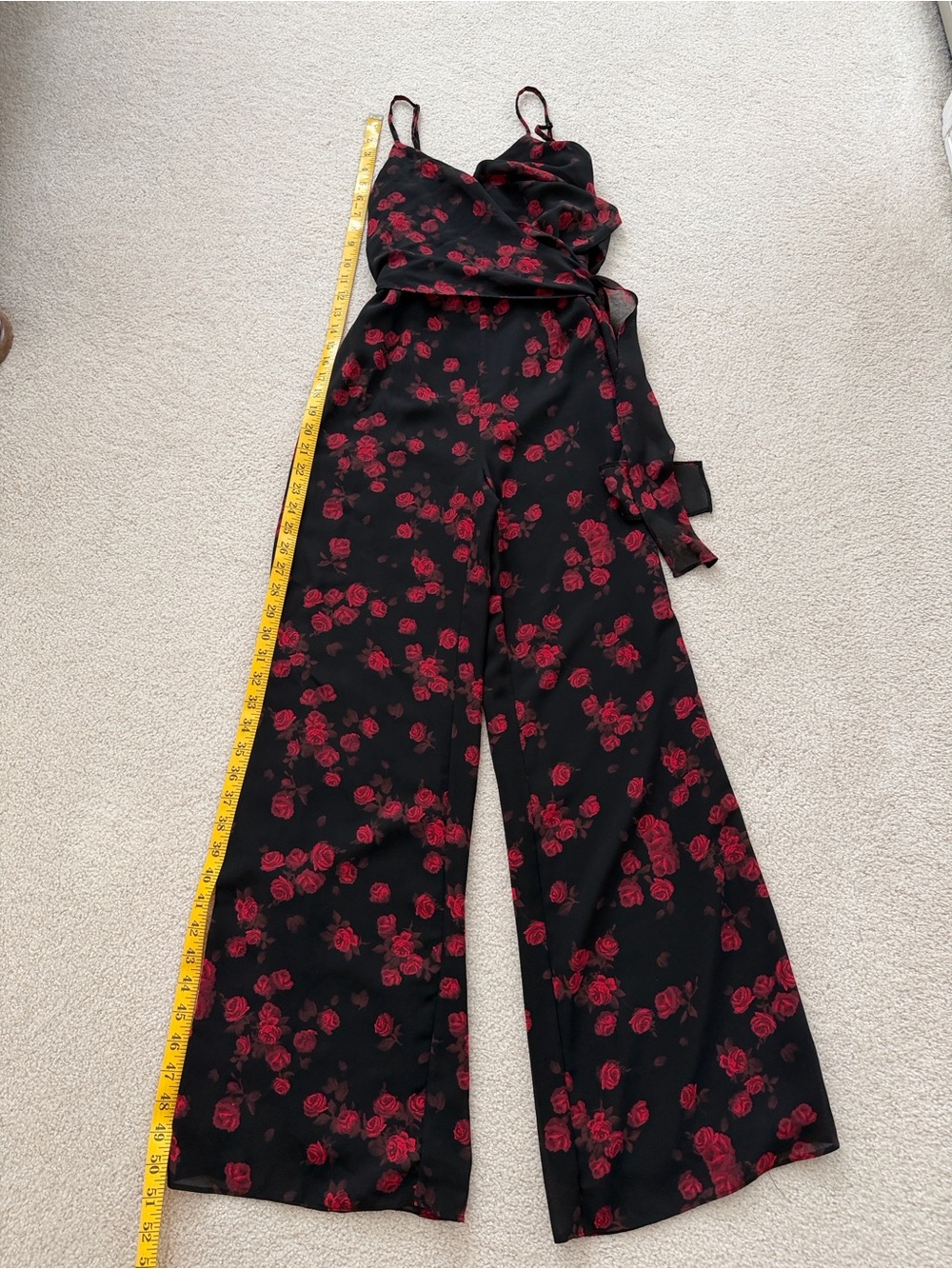 Michael Kors Black Wide-Leg Jumpsuit with Red Rose Print